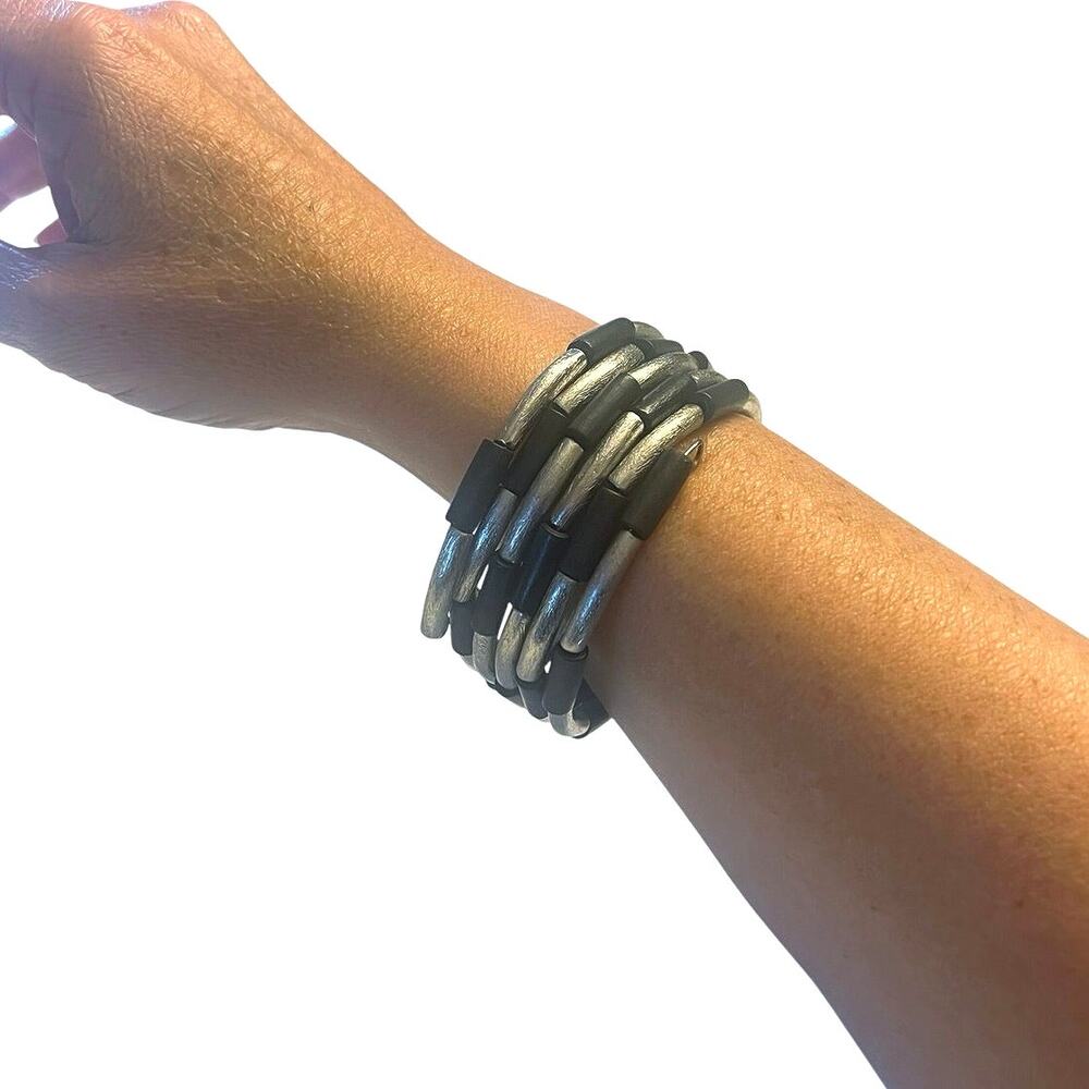 Black Wood & Silver Finish Multi Strand Stretch Bracelet Plus Size Boho
